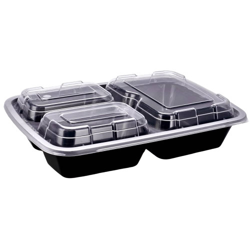 3 Compartment 33 oz. Rectangular Black Containers and Lids, Case