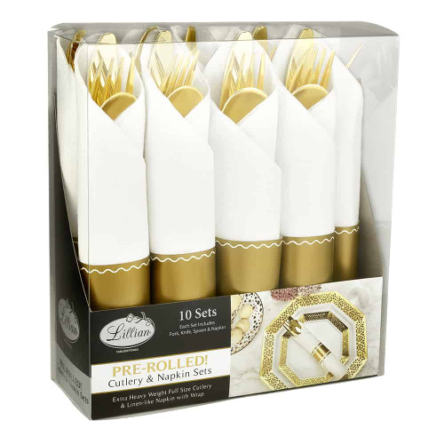 King Zak 37281 Rolled Cutlery Combo Set with Napkin, Gold (20pc/Pack)