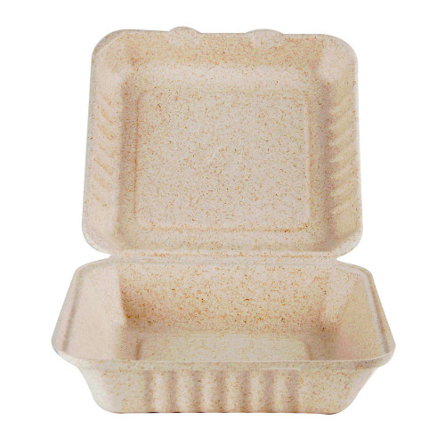 Beige 9" x 9" x 3" Bagasse Hinged Container - 300/Case