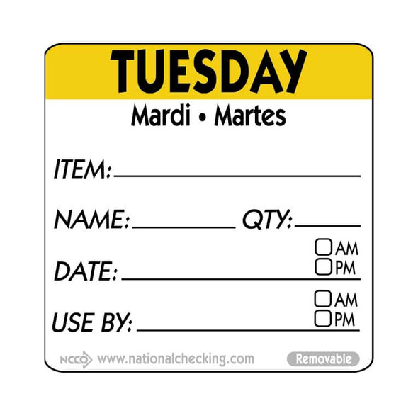 National Checking RIDU2202R Removable Labels, 2" x 2", Tuesday, Yellow, Roll