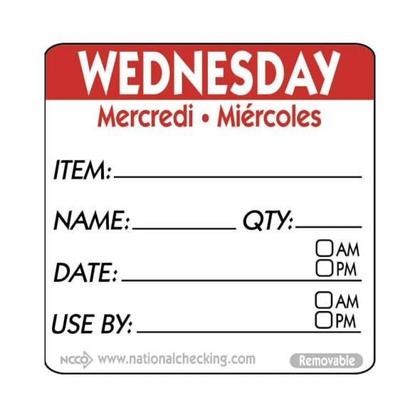 National Checking RIDU2203R Removable Labels, 2" x 2", Wednesday, Red, Roll