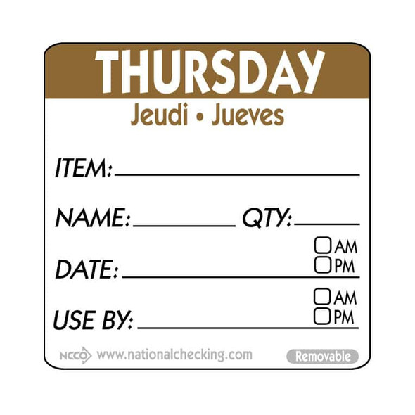 National Checking RIDU2204R Removable Labels, 2" x 2", Thursday, Brown, Roll
