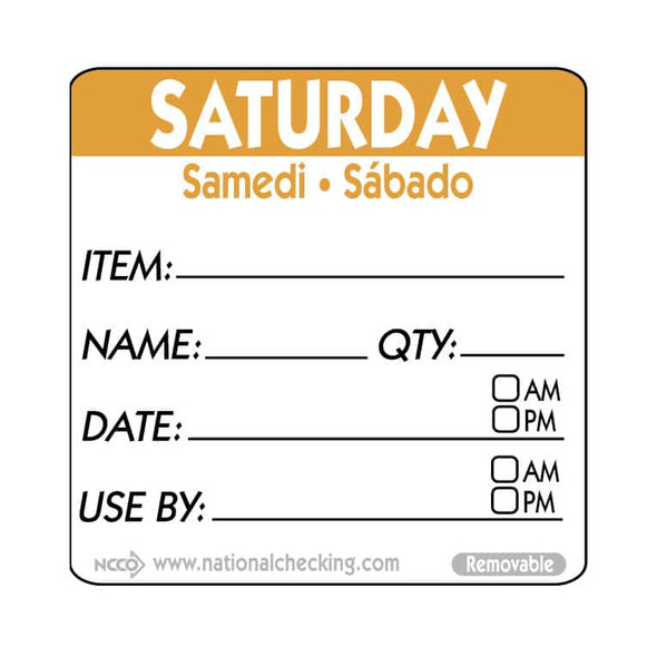 National Checking RIDU2206R Removable Labels, 2" x 2", Saturday, Orange, Roll