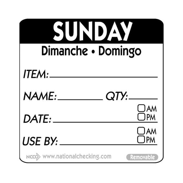 National Checking RIDU2207R Removable Labels, 2" x 2", Sunday, Black, Roll