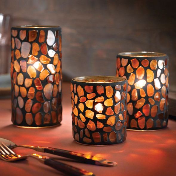Hollowick 6256A Pebble Glass Votive, Amber Mosaic Glass, 3-3/8"H x 3" Dia.
