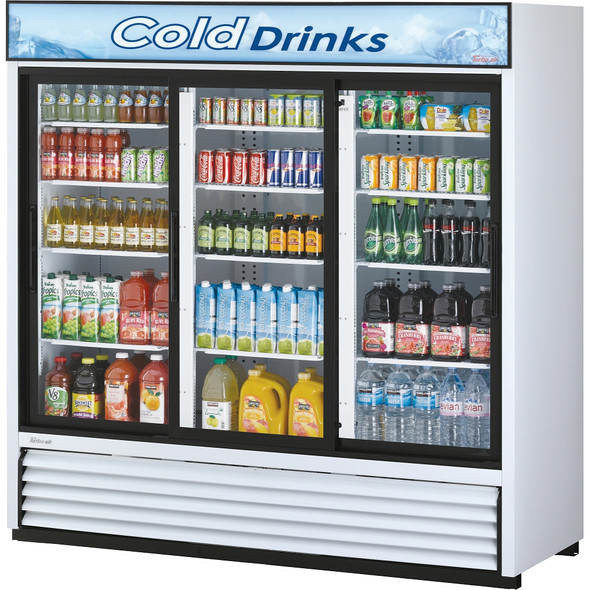 Turbo Air TGM-69R-N Glass Merchandiser Refrigerator, 3 Sections Sliding, White Cabinet w/ Black Framed Doors