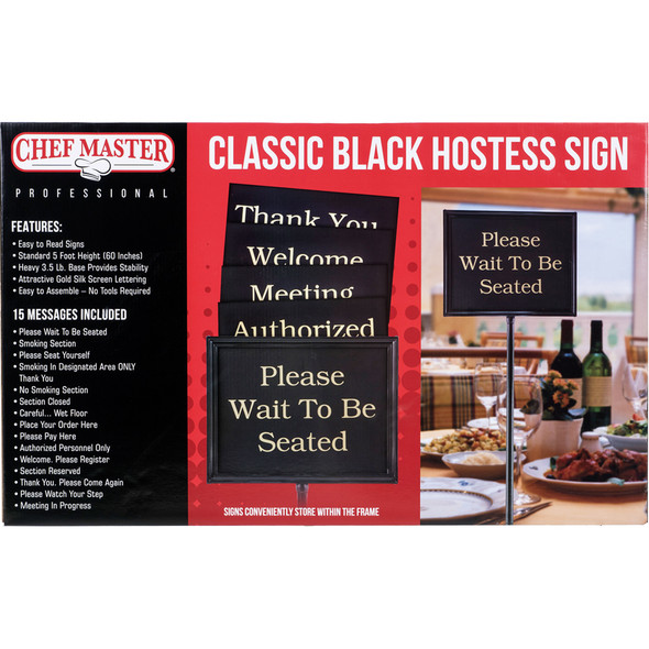 CHEFMASTER 90033 Black Teller Sign "Please Wait to Be Seated", 15 Messages CHEFMASTER 90033 Black Teller Sign "Please Wait to Be Seated", 15 Messages