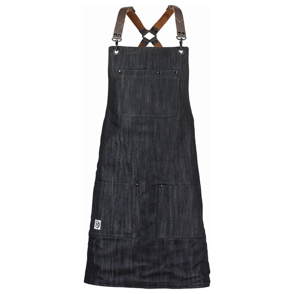 Barfly M63208DENBR Renegade Bib Apron, 25"x30-1/2", Black Denim with Brown Leather Accents