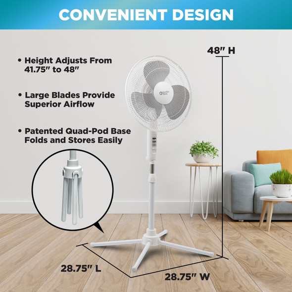 Comfort Zone CZST161BTE Quad-Pod Oscillating Pedestal Fan, 16", White, 3 Speed