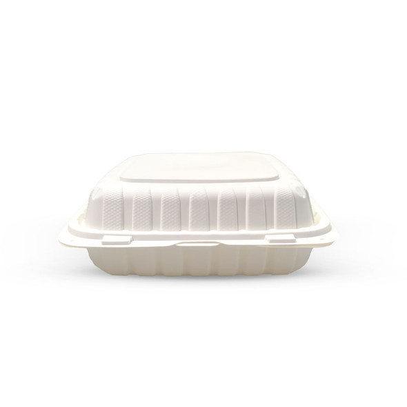 WELLCHOICE ECO Hinged Take-Out Container, 3-Compartment White, 9" x 9" x 3" (150/Case)
