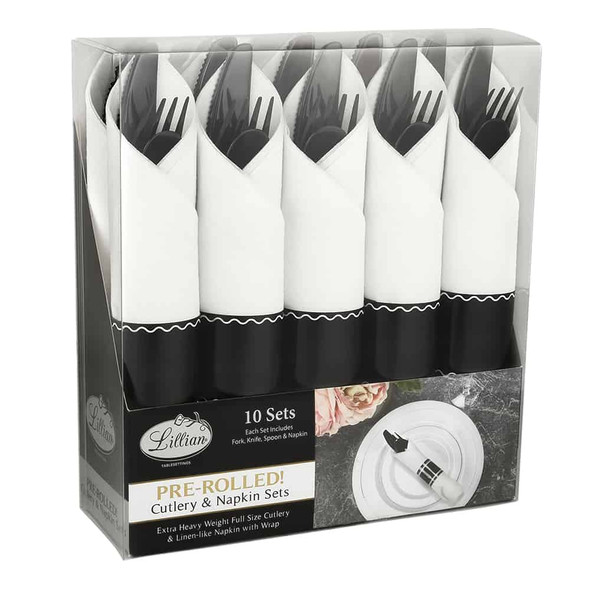 King Zak 37210 Rolled Cutlery Combo Set with Napkin, Black (10/Pack)