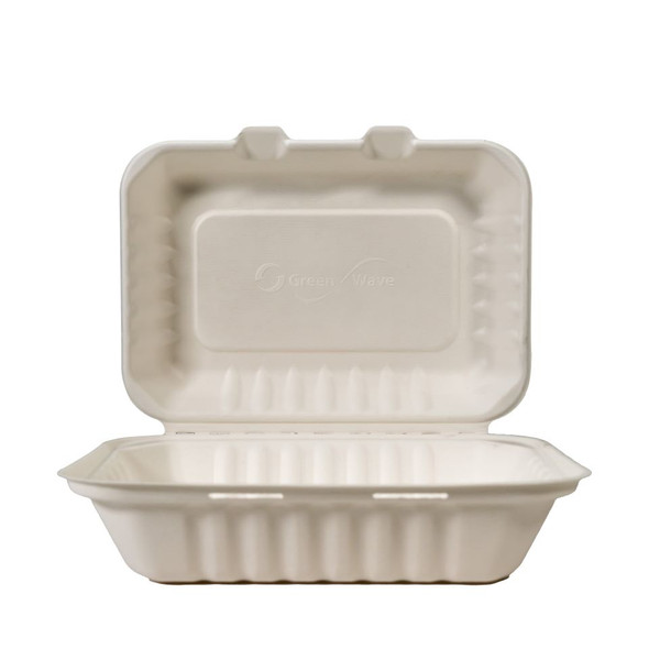 Green Wave PF-EV-B096 Bagasse Box, Hinged, White, 9" x 6" x 3" (300/Case) Green Wave PF-EV-B096 Bagasse Box, Hinged, White, 9" x 6" x 3" (300/Case)