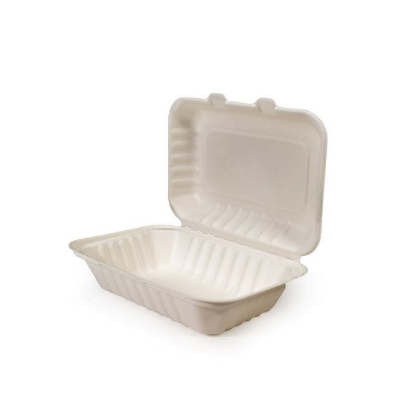 Green Wave PF-EV-B096 Bagasse Box, Hinged, White, 9" x 6" x 3" (300/Case) Green Wave PF-EV-B096 Bagasse Box, Hinged, White, 9" x 6" x 3" (300/Case)