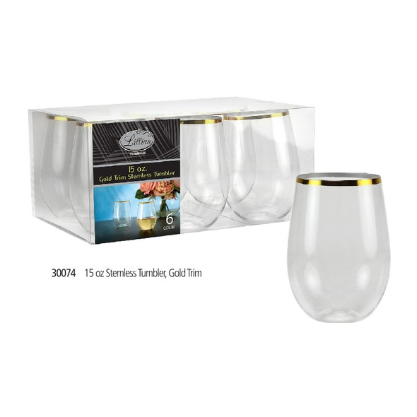 King Zak 30074 Clear Stemless Wine Cup w/Gold Trim 15oz (6pcs/Pack)