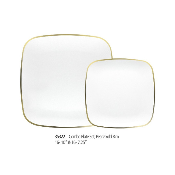 King Zak 35322 Combo Square Plate Set, Pearl/Gold Rim (32pc/Pack)