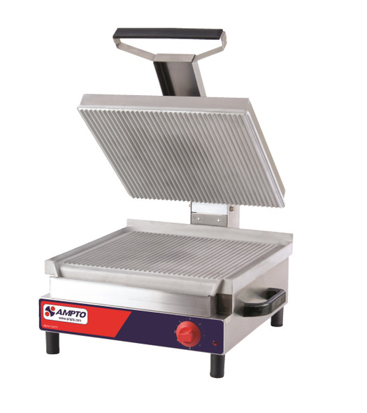 Ampto SSGE Ribbed Electric Panini Grill, 17" x 18", 120V