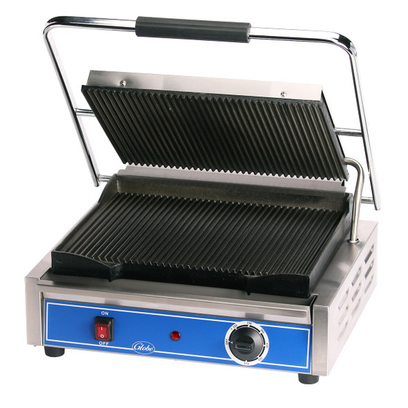 Globe GPG1410 14"x10" Seasoned Cast Iron Grooved Panini Grill, 120V Globe GPG1410 14"x10" Seasoned Cast Iron Grooved Panini Grill, 120V