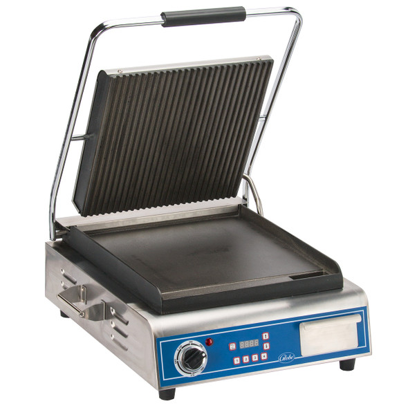 Globe GPGS14D Panini Grill with Smooth Bottom and Grooved Top Plate, 120V Globe GPGS14D Panini Grill with Smooth Bottom and Grooved Top Plate, 120V
