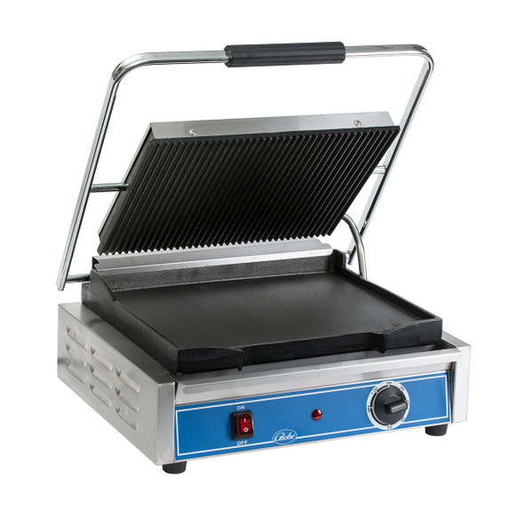 Globe GPGS1410 14"x10" Panini Grill with Cast Iron Grooved Top and Smooth Bottom Plate, 120V Globe GPGS1410 14"x10" Panini Grill with Cast Iron Grooved Top and Smooth Bottom Plate, 120V