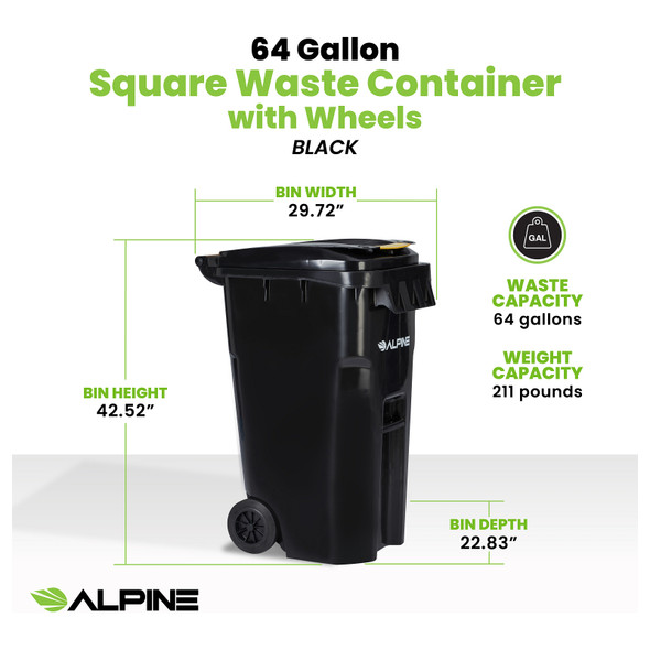 Alpine Industries ALP500-64-BLK Square Waste Container w/ Wheels, 64 Gallon, Black