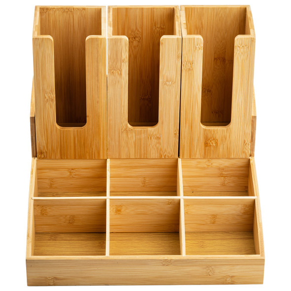 Tablecraft 12689 Coffee Condiment Organizer, 9 Compartments & 3 Cup/Lids, Bambo