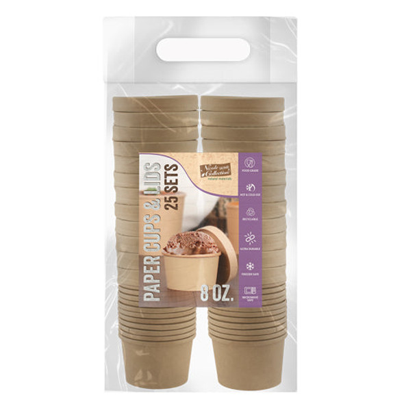 KING ZAK 00850 Kraft Paper Soup Cup w/Lid 8oz (25/Pack)