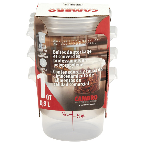 CAMBRO RFS1PPRP3190 Multi-Pack Translucent Container/Lid, 1 QT. Round (3/Pack)
