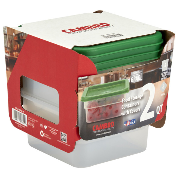 CAMBRO 2SFSPPRP3190 Multi-Pack Translucent Container/Lid, 2 QT. Square (3/Pack)