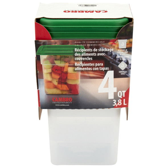 CAMBRO 4SFSPPRP3190 Multi-Pack Translucent Container/Lid, 4 QT. Square (3/Pack)