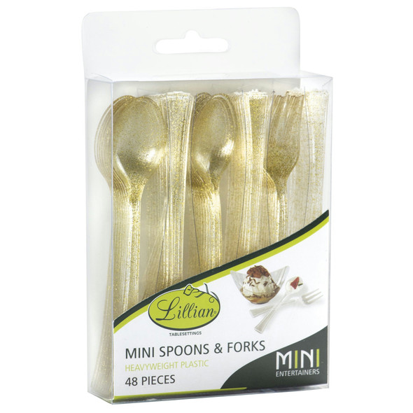 KING ZAK 37269 Disposable Mini Spoon/Fork, Glitter Gold, (48pcs/Pack)