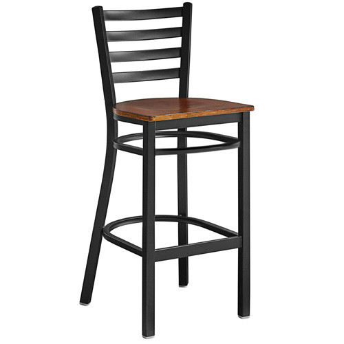 OMCAN Bar Stool, Ladder back, Black Metal Frame, Walnut Wood Seat