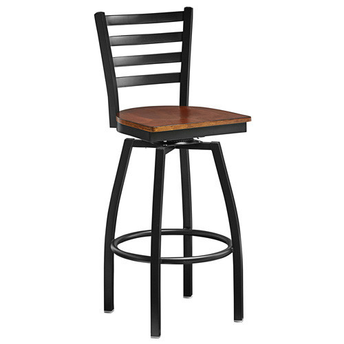 OMCAN Swivel Bar Stool, Black Metal Frame, Walnut Wood Seat