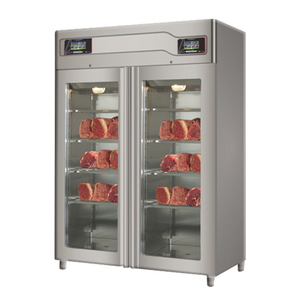 Omcan MATCTWITF 58" Glass Door Stainless Steel Twin Meat Aging Cabinet - 220 lb. + 220 lb., 220V, 3700W