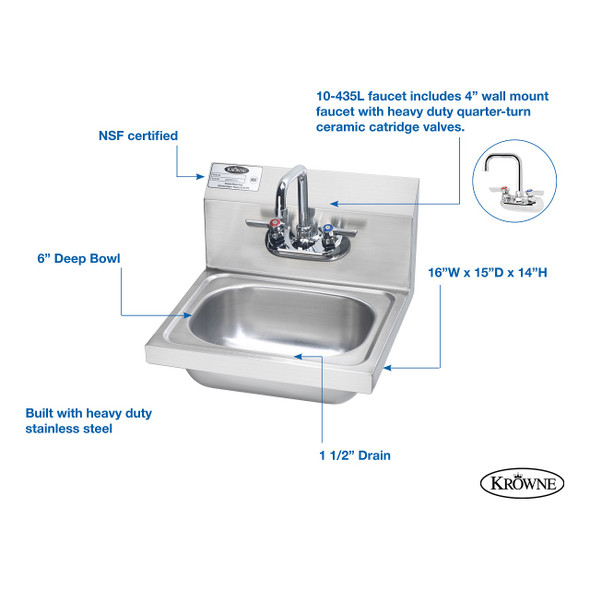 Krowne HS-2L 16" Wide Hand Sink - 6" Deep
