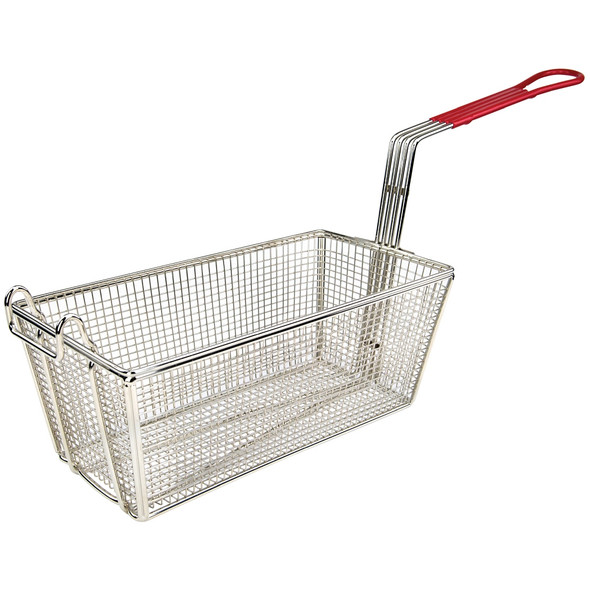 Winco FB-25 12-7/8" x 6-1/2" x 5-3/8" Fry Basket with Front Hook, Red Plastic Handle