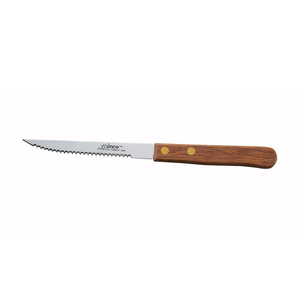 Winco K-35W Steak Knife with Wood Handle, 4", Pointed Tip - 12/Box