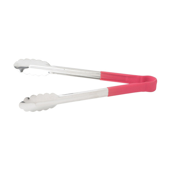 Winco UTPH-12R 12" Stainless Steel Utility Tong with Red PVC Handle