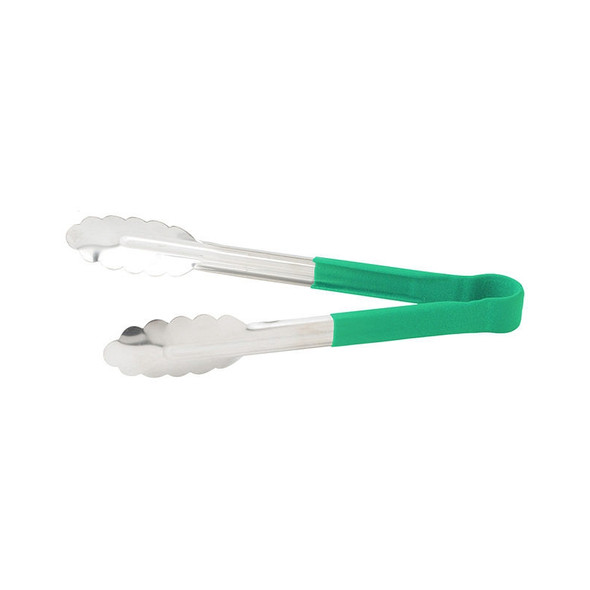 Winco UTPH-9G 9" Stainless Steel Utility Tong with Green PVC Handle