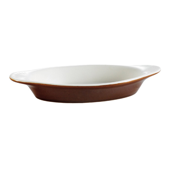 CAC COA-8-BWN 8 3/4" x 5" Brown/American White Oval Stoneware Welsh Rarebit - 8 oz.