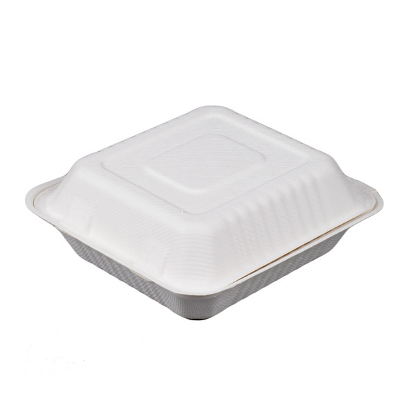White 8" x 8" x 3" Bagasse Hinged Container - 300/Case
