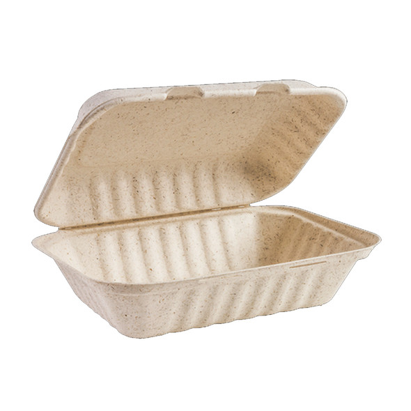 Beige 9" x 6" x 3" Bagasse Hinged Container - 300/Case