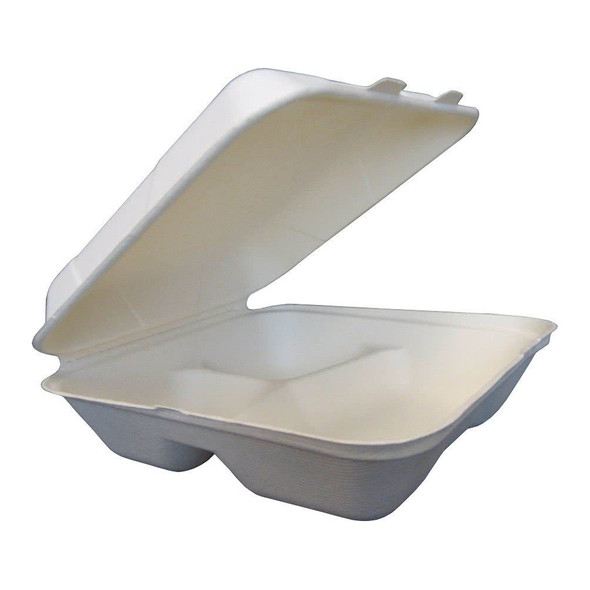 White 9" x 9" x 3" Three-Compartment Bagasse Hinged Container - 300/Case