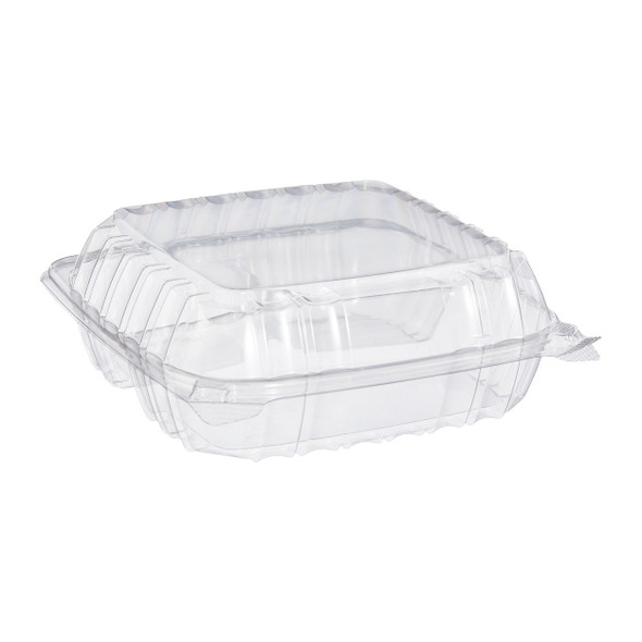 Clear 8 5/16" x 8 5/16" x 3" Three-Compartment Plastic Hinged Container - 250/Case