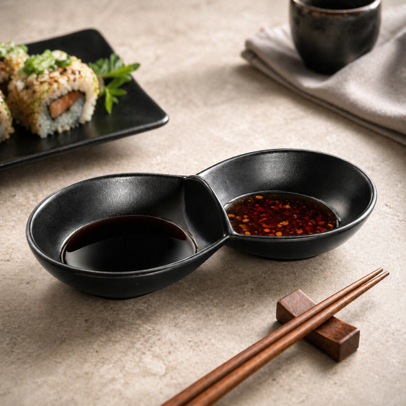 Yanco BP-4032 Black Pearl 8 1/2" x 3 1/2" Two Compartment Melamine Sauce Dish