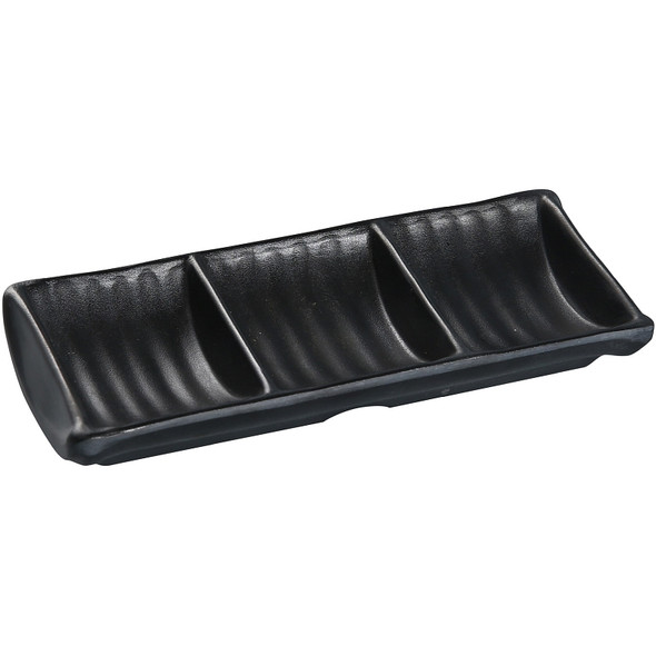Yanco BP-4030 Black Pearl 7 1/2" x 3 1/2" Rectangular 3-Compartment Melamine Sauce Dish