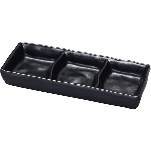 Yanco BP-4033 Black Pearl 7" x 2 1/2" Rectangular 3-Compartment Melamine Sauce Dish