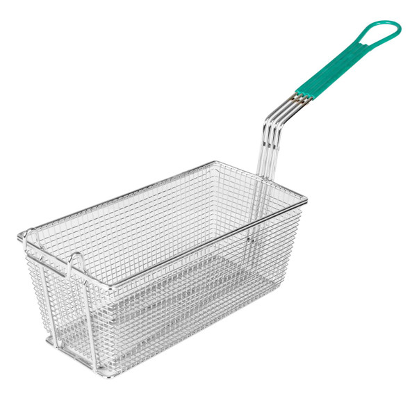Thunder Group SLFB004 13" x 6-1/2" x 5" Fryer Basket with Front Hook, Green Plastic Handle