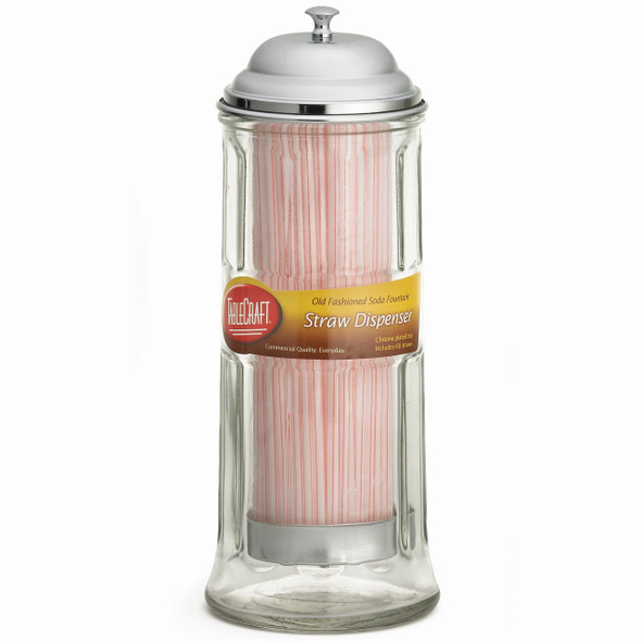 Tablecraft H714CH Glass Straw Dispenser, Chrome-Plated Top, Holds up to 8-1/4" straws