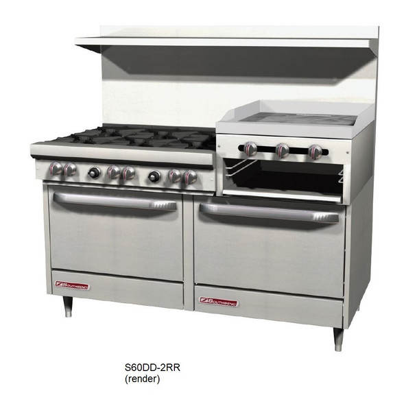 Southbend S60DD-2RR S-Series Restaurant Gas Range, 6 Burners, 24" Raised Griddle/Broiler, 2 Standard Ovens