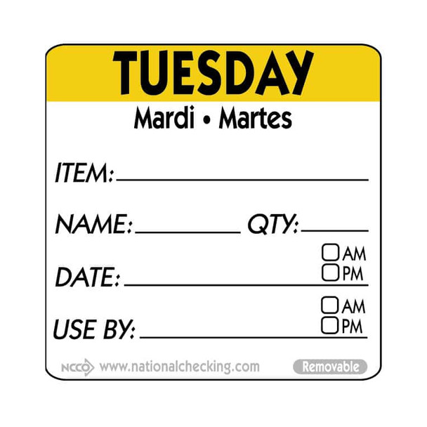National Checking RIDU2202R Removable Labels, 2" x 2", Tuesday, Yellow, Roll